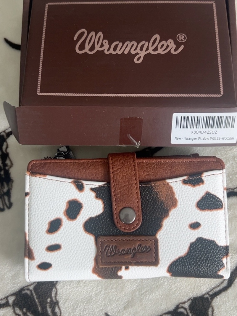 Wrangler Cow Print Bifold Wallet Western Brown Black White
